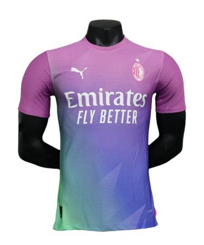 camisa ac milan iii 23 24 jogador puma masculina rosa com detalhes em roxo e verde 1 1