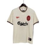 camisa retr liverpool ii 1996 1997 torcedor reebok masculina bege com detalhes em vermelho 1 2