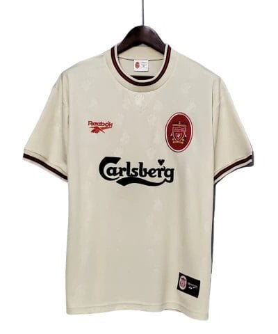 camisa retr liverpool ii 1996 1997 torcedor reebok masculina bege com detalhes em vermelho 1 2