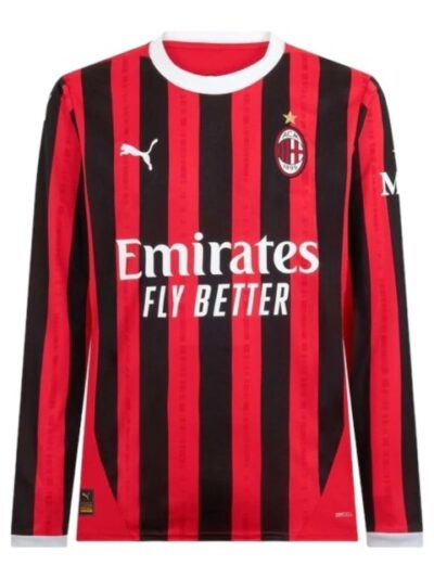 camisa ac milan i manga longa torcedor puma masculina vermelha e preta com detalhes em branco