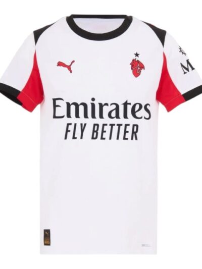 camisa ac milan ii torcedor puma feminina branca com detalhes em vermelho e preto
